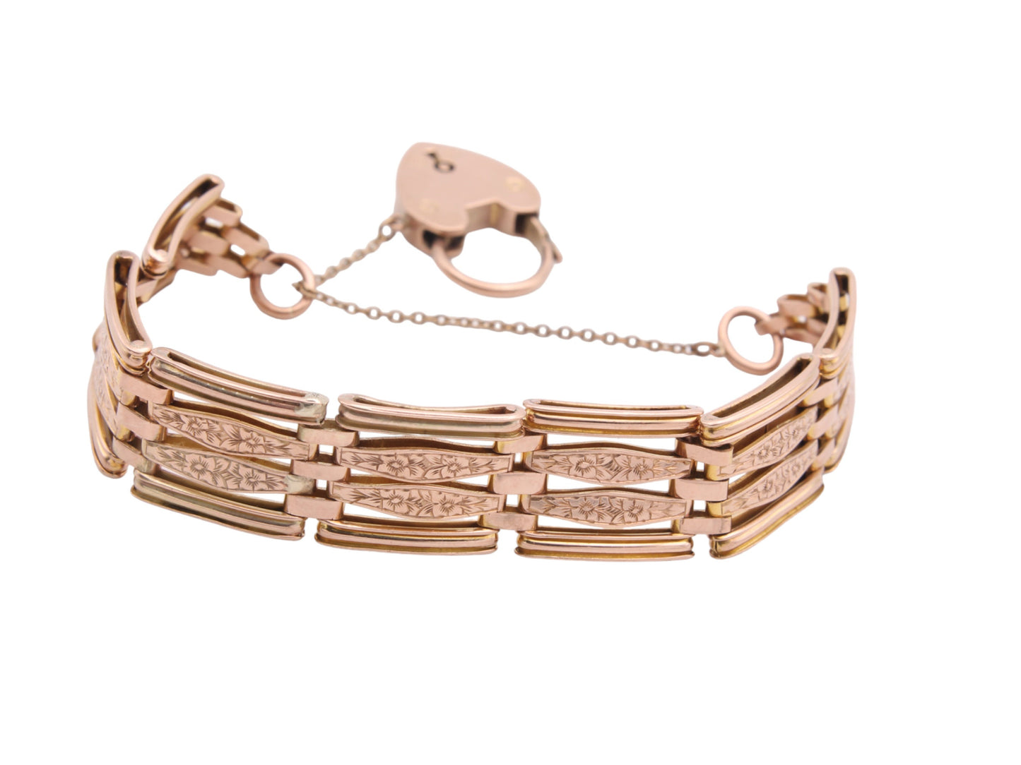 Antique 9ct Gold Forget-Me-Not Flower Gate Bracelet Padlock, 20g