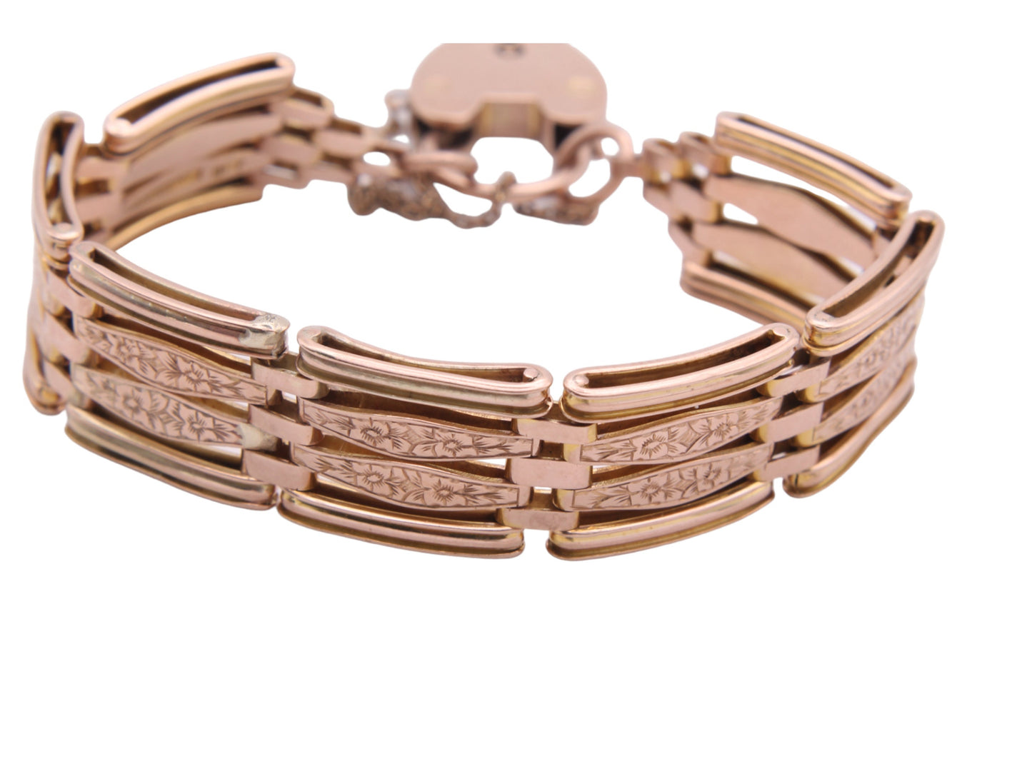 Antique 9ct Gold Forget-Me-Not Flower Gate Bracelet Padlock, 20g