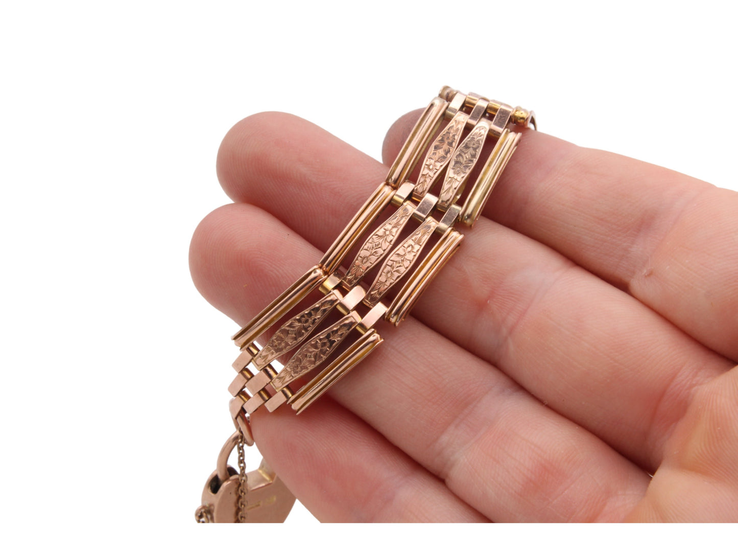 Antique 9ct Gold Forget-Me-Not Flower Gate Bracelet Padlock, 20g