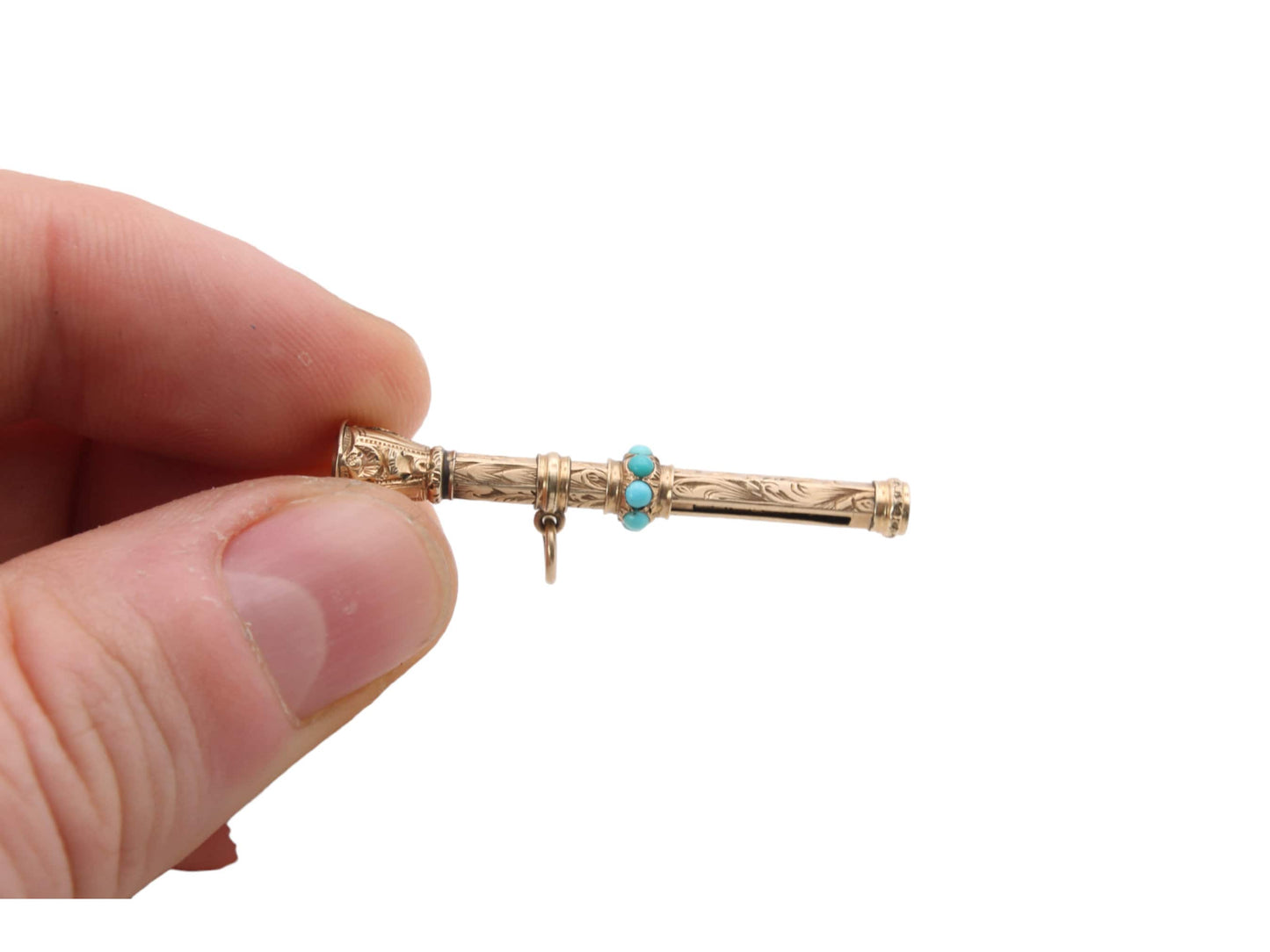 Antique 9ct Gold Small Pencil With Turquoise & Citrine Pendant