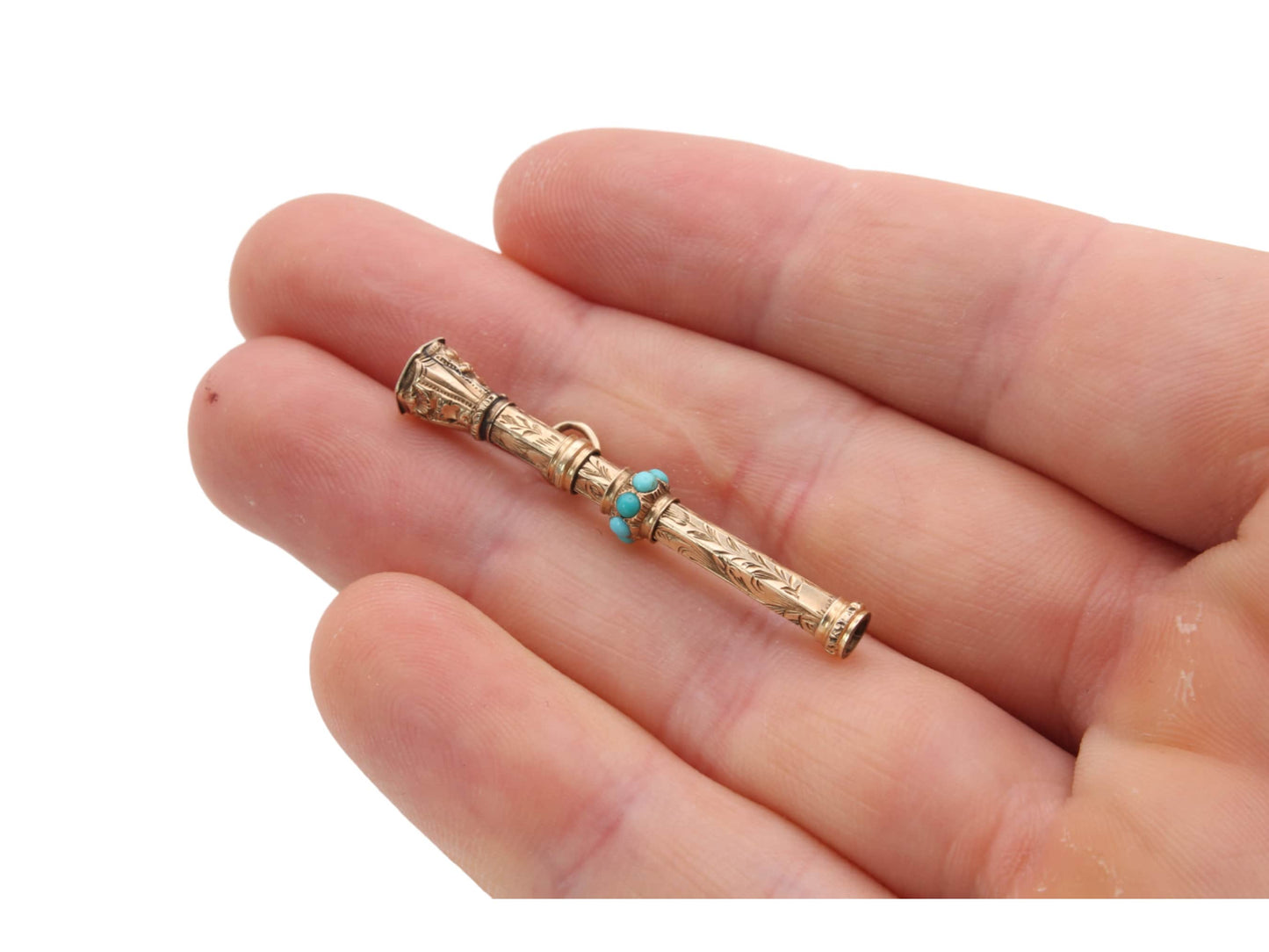 Antique-9ct-Gold-Small-Pencil-With-Turquoise-&-Citrine-Pendant