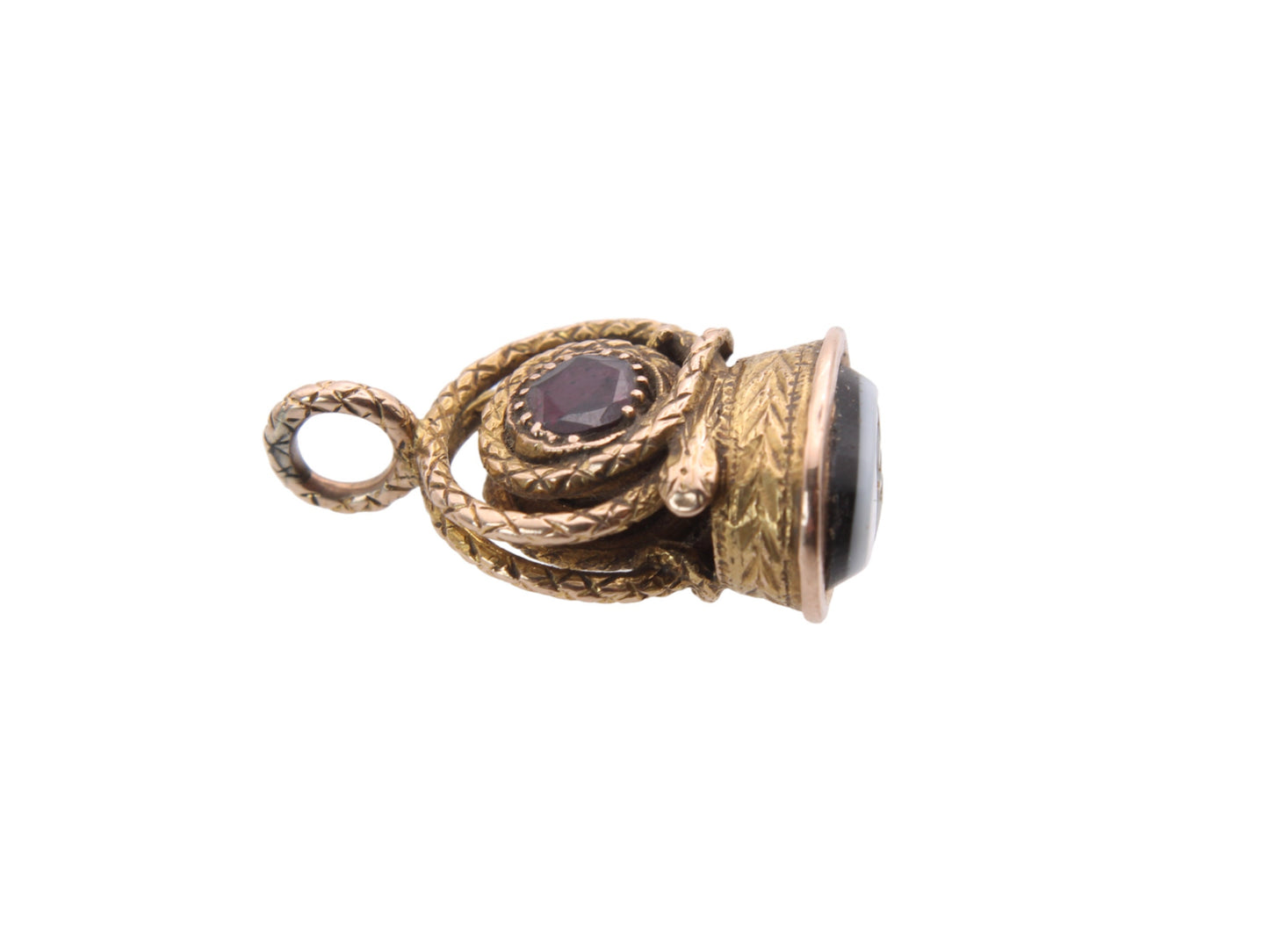 Antique 18ct Gold Snake Garnet Pendant With Banded Agate