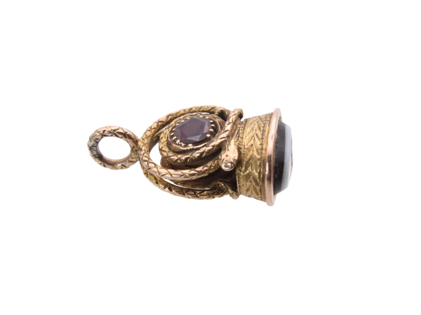 Antique 18ct Gold Snake Garnet Pendant With Banded Agate