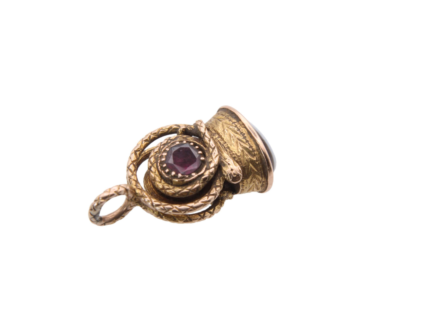 Antique 18ct Gold Snake Garnet Pendant With Banded Agate