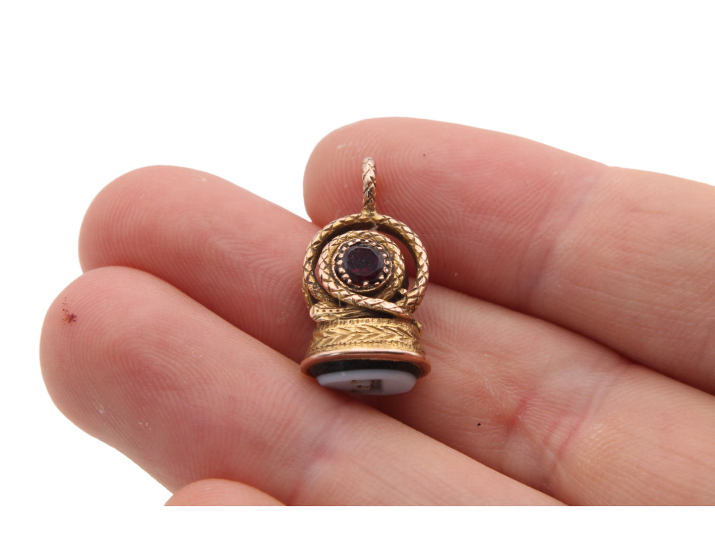 Antique 18ct Gold Snake Garnet Pendant With Banded Agate