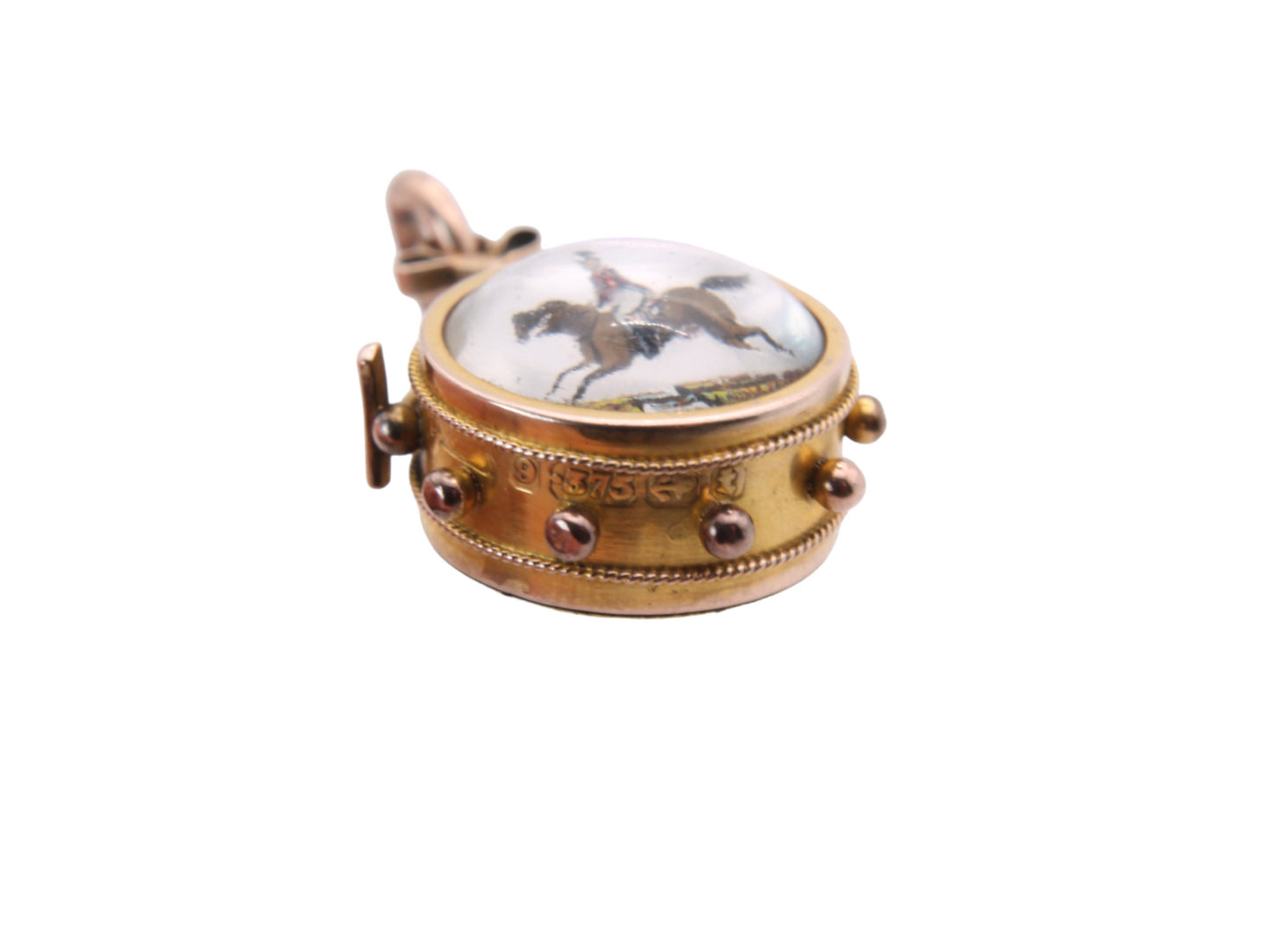 Antique 9ct Gold Essex Crystal Horse Scene With Compass pendant, 1893