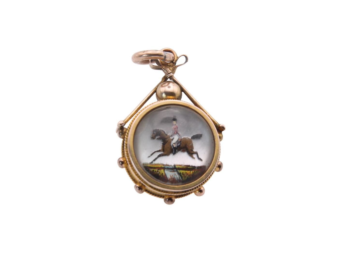 Antique-9ct-Gold-Essex-Crystal-Horse-Scene-With-Compass-pendant,-1893