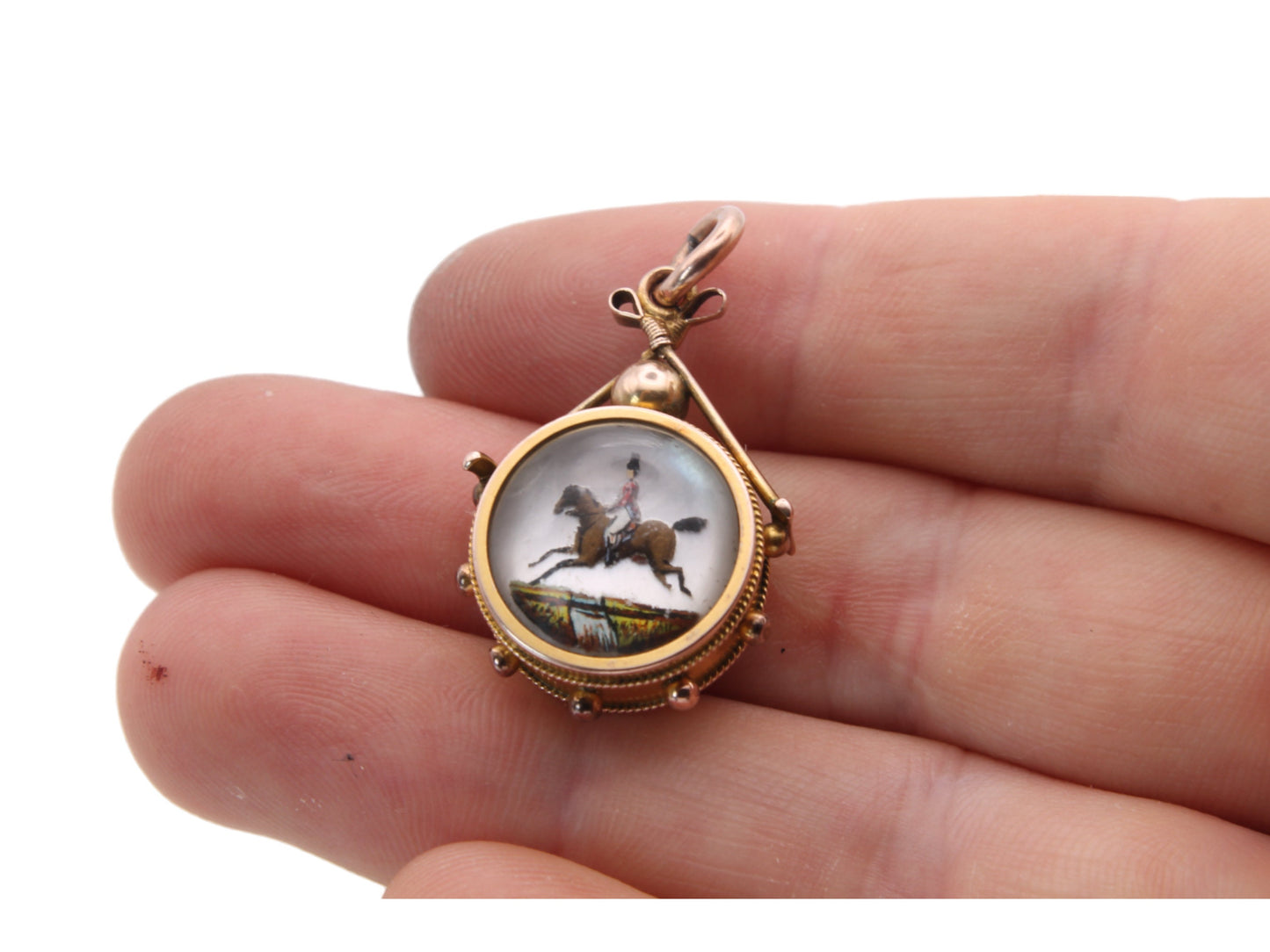 Antique 9ct Gold Essex Crystal Horse Scene With Compass pendant, 1893
