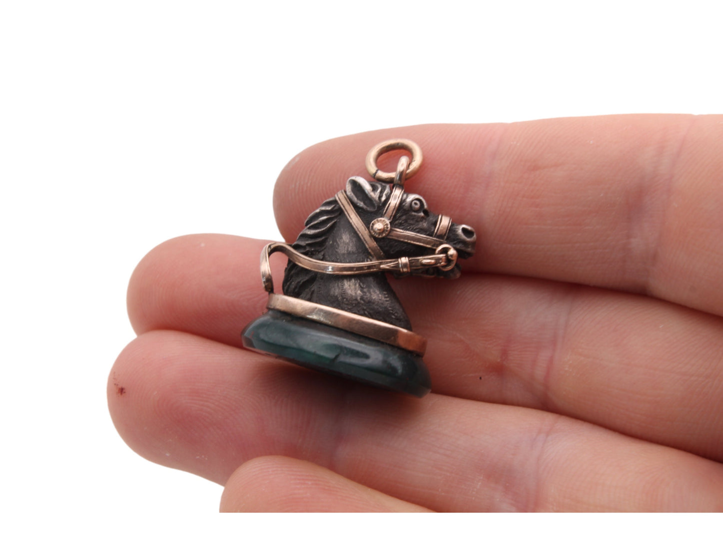 Antique 9ct Gold & Silver Bloodstone Horse Pendant Fob