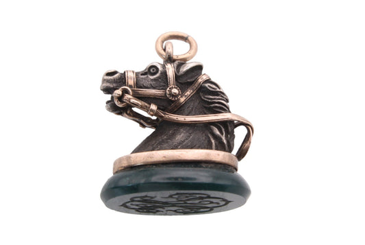 Antique 9ct Gold & Silver Bloodstone Horse Pendant Fob