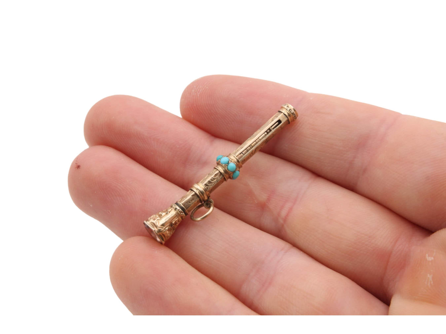 Antique 9ct Gold Small Pencil With Turquoise & Citrine Pendant