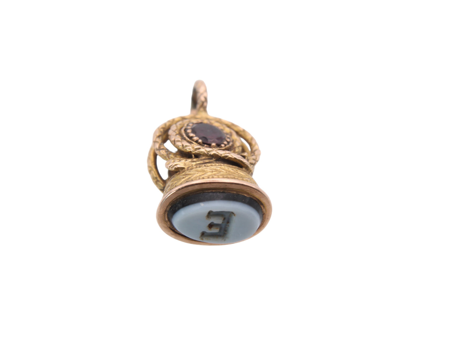 Antique 18ct Gold Snake Garnet Pendant With Banded Agate