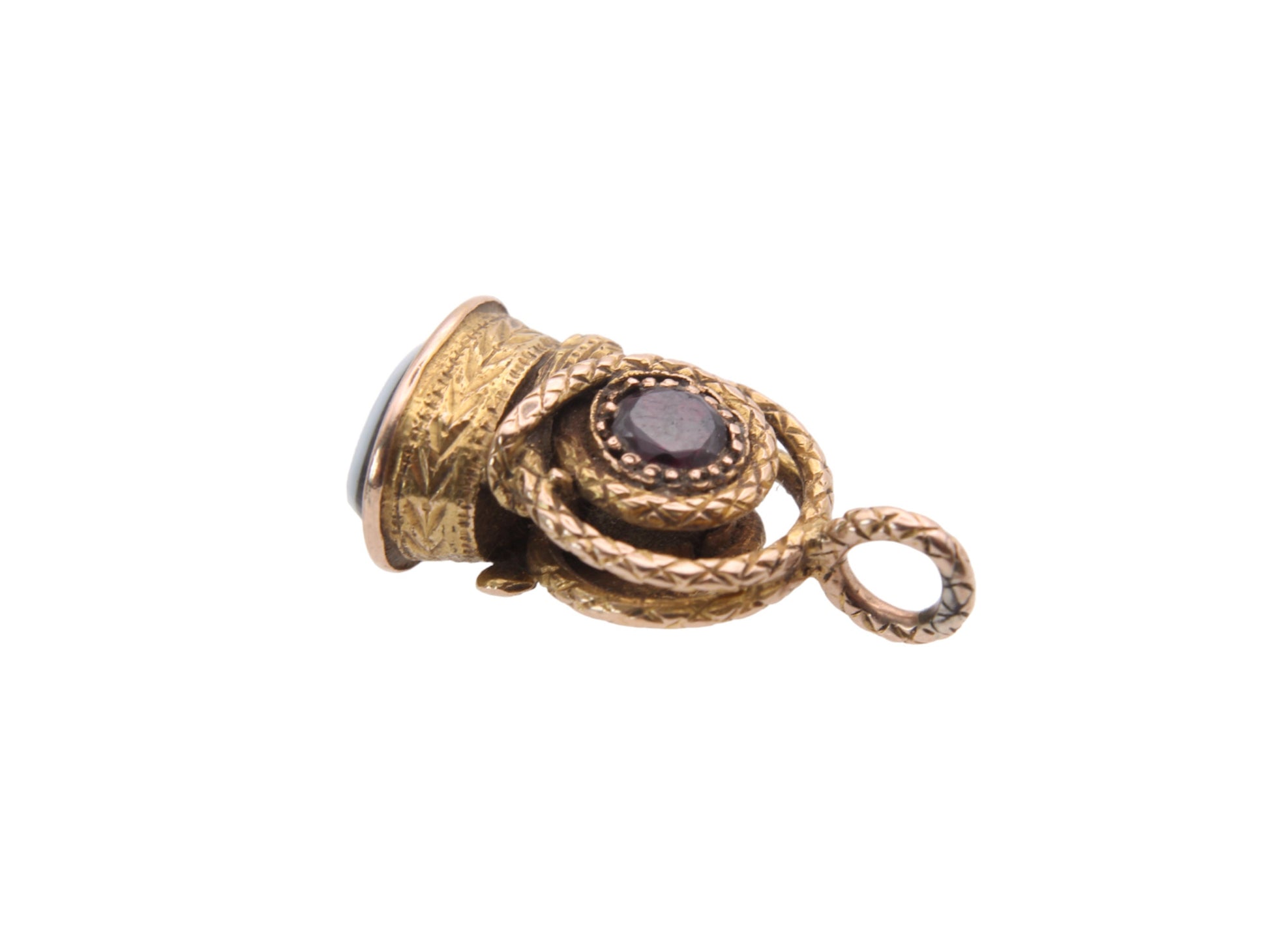 Antique-18ct-Gold-Snake-Garnet-Pendant-With-Banded-Agate