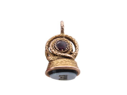 Antique 18ct Gold Snake Garnet Pendant With Banded Agate