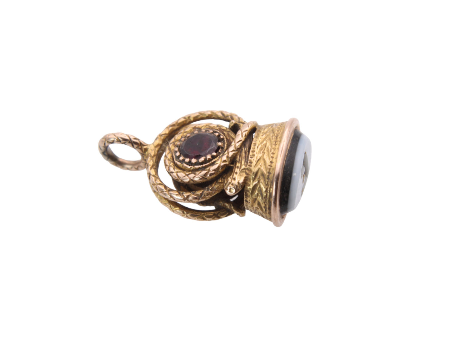Antique 18ct Gold Snake Garnet Pendant With Banded Agate