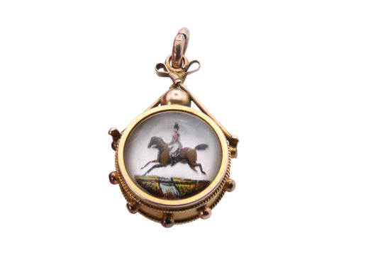 Antique 9ct Gold Essex Crystal Horse Scene With Compass pendant, 1893