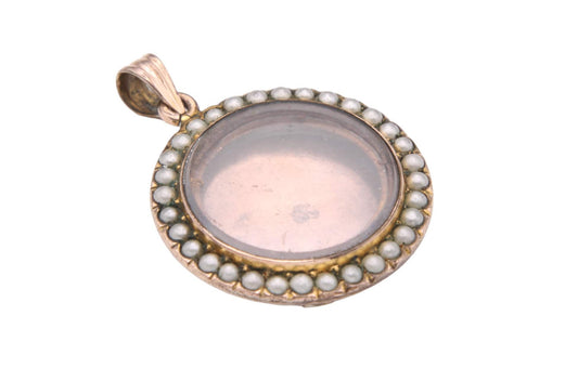 Antique 9ct Gold & Pearl Glass Photo Locket Pendant