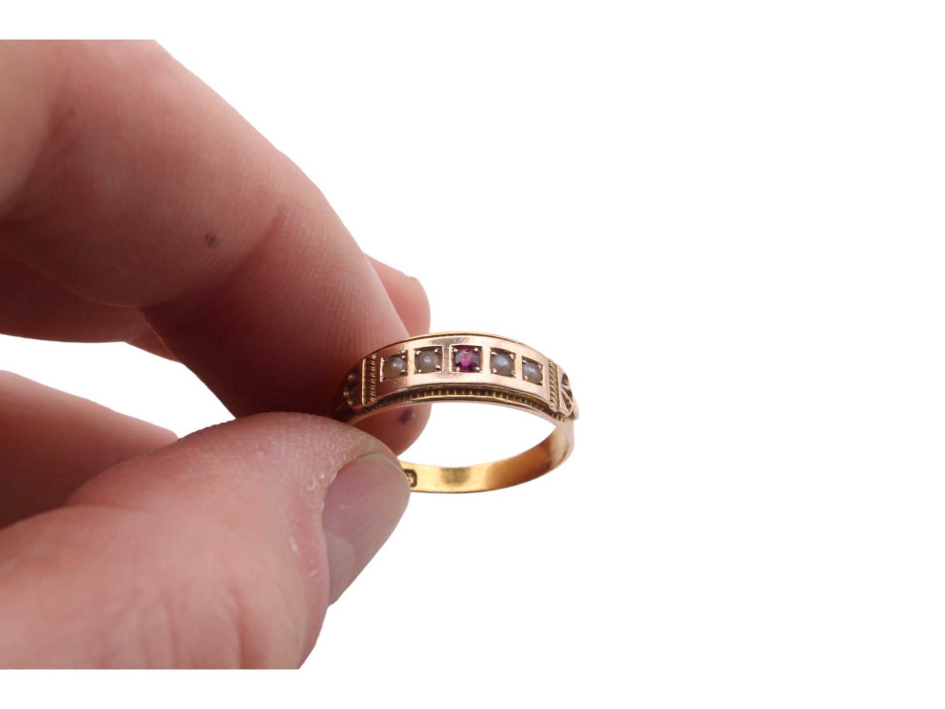 Antique-15ct-Gold-Ruby-&-Pearl-Gypsy-Ring