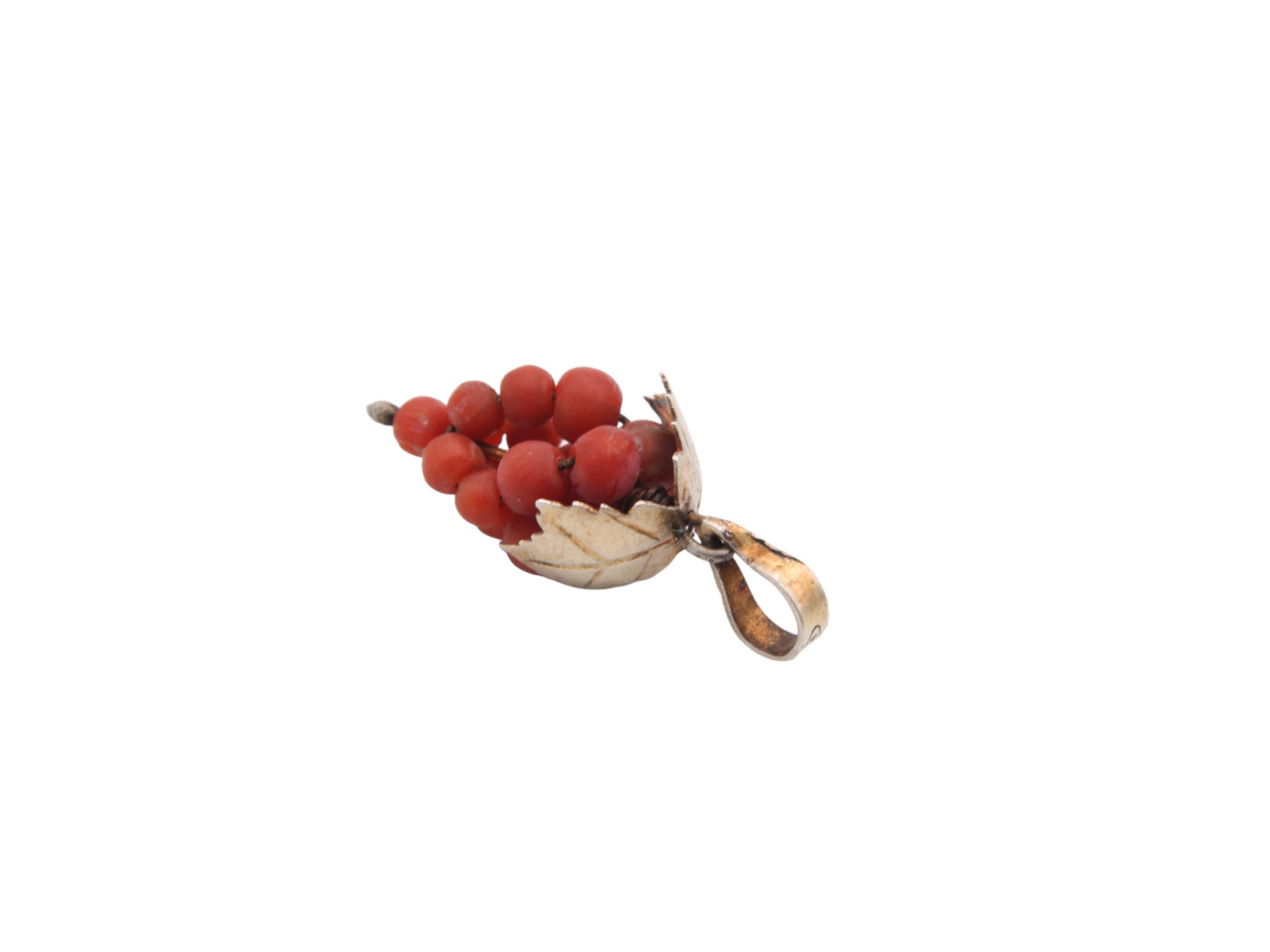 Art Deco Silver Gilt Coral Grape Vine Pendant Charm