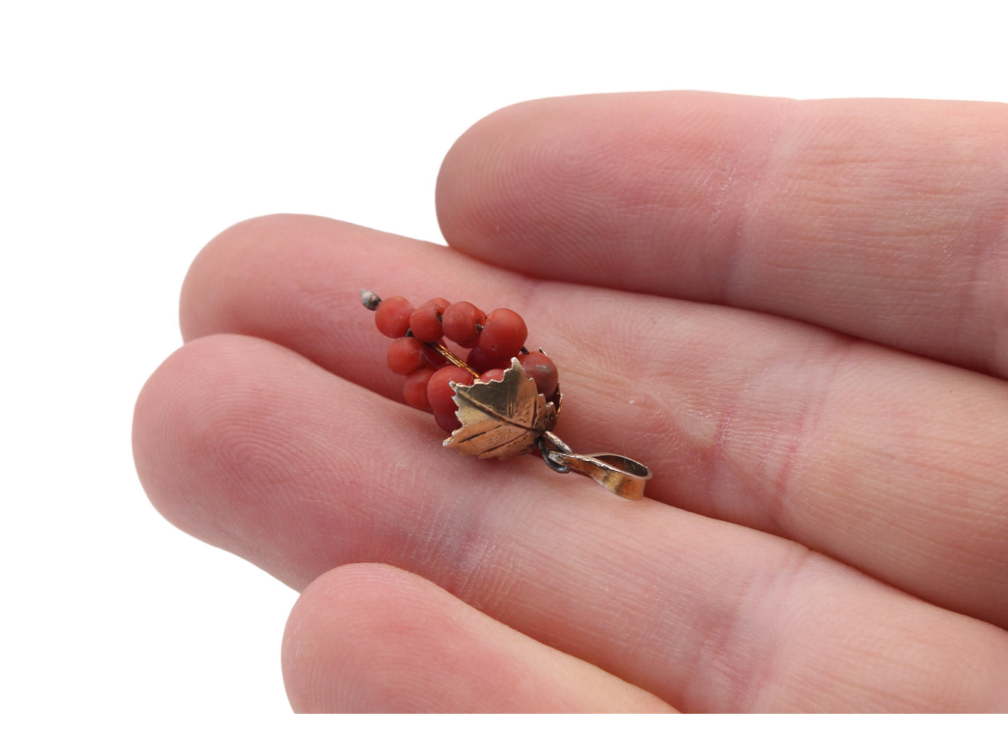Art Deco Silver Gilt Coral Grape Vine Pendant Charm