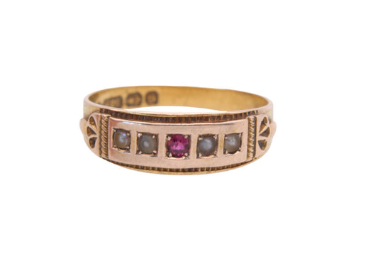 Antique 15ct Gold Ruby & Pearl Gypsy Ring