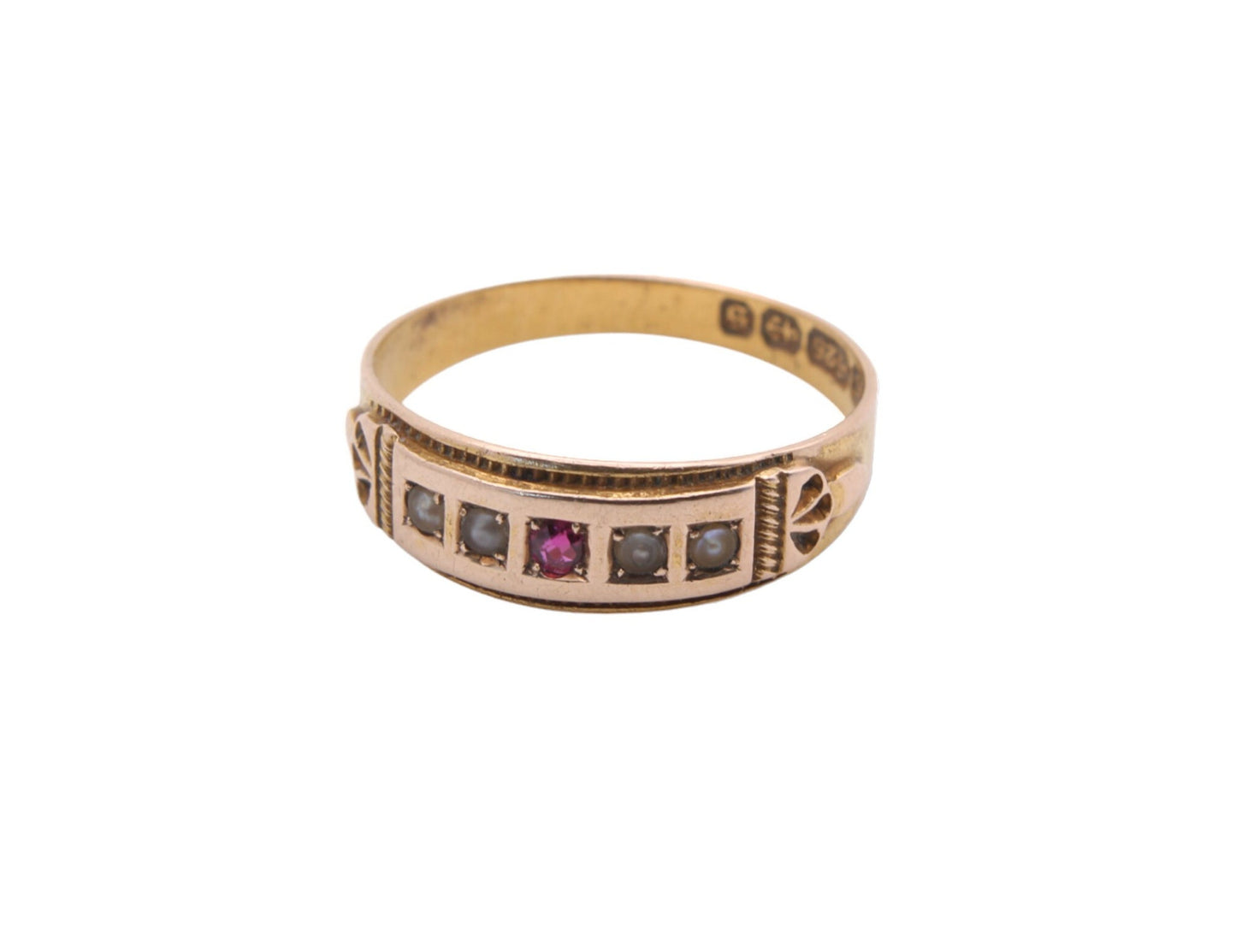 Antique 15ct Gold Ruby & Pearl Gypsy Ring