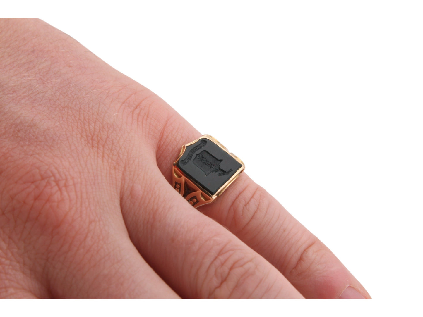 Antique 18ct Gold Intaglio Bloodstone Shield Signet Ring - Fairly And Firmly, 1869