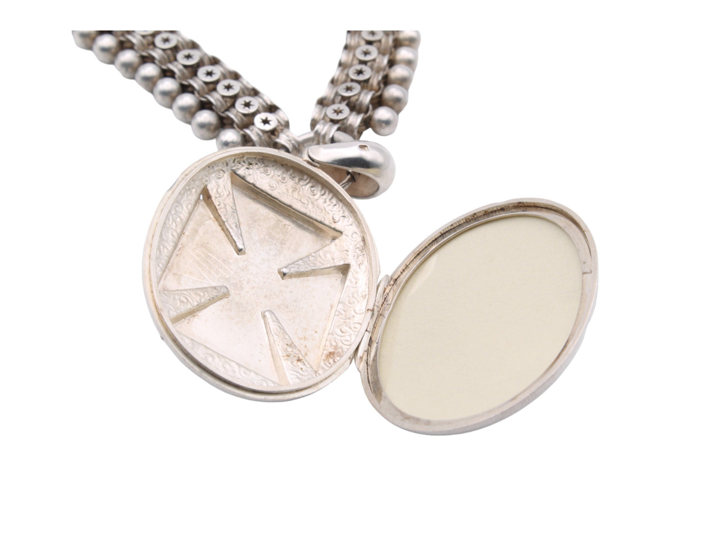 Victorian Sterling Silver Book Chain Locket Necklace: Maltese Cross, Forget-Me-Not