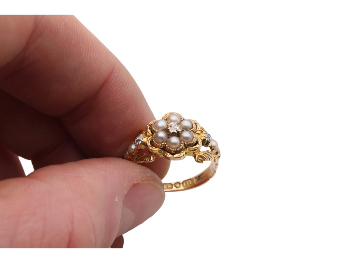 Antique Georgian 18ct Gold, Diamond And Pearl Forget Me Not Ring, 1827