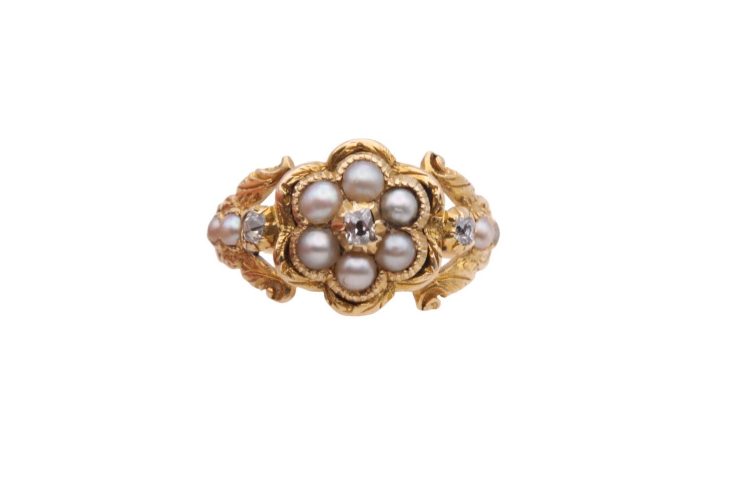 Antique Georgian 18ct Gold, Diamond And Pearl Forget Me Not Ring, 1827