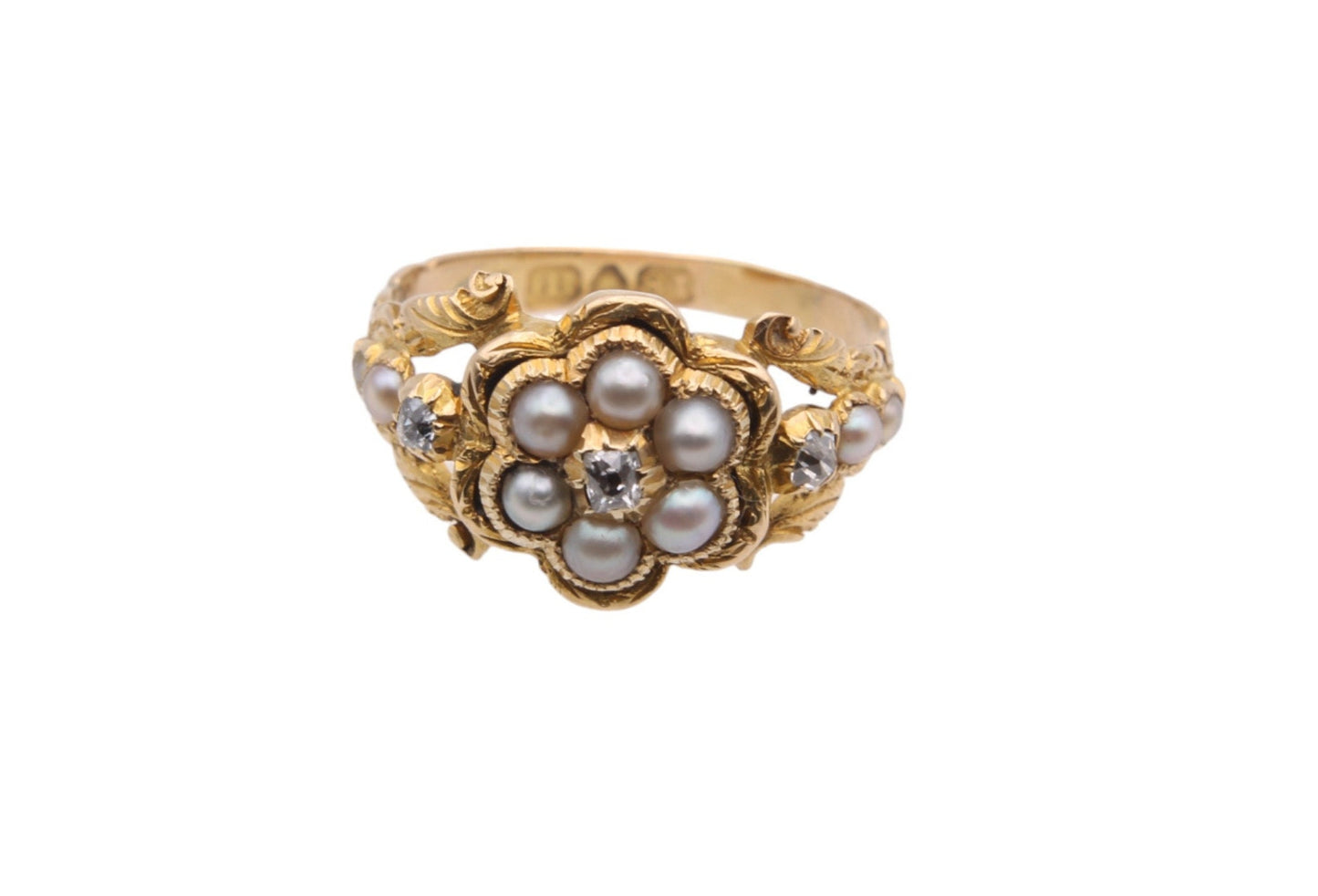 Antique Georgian 18ct Gold, Diamond And Pearl Forget Me Not Ring, 1827