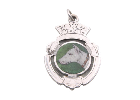 Antique Art Deco Sterling Silver Porcelain Painted Dog Pendant Fob