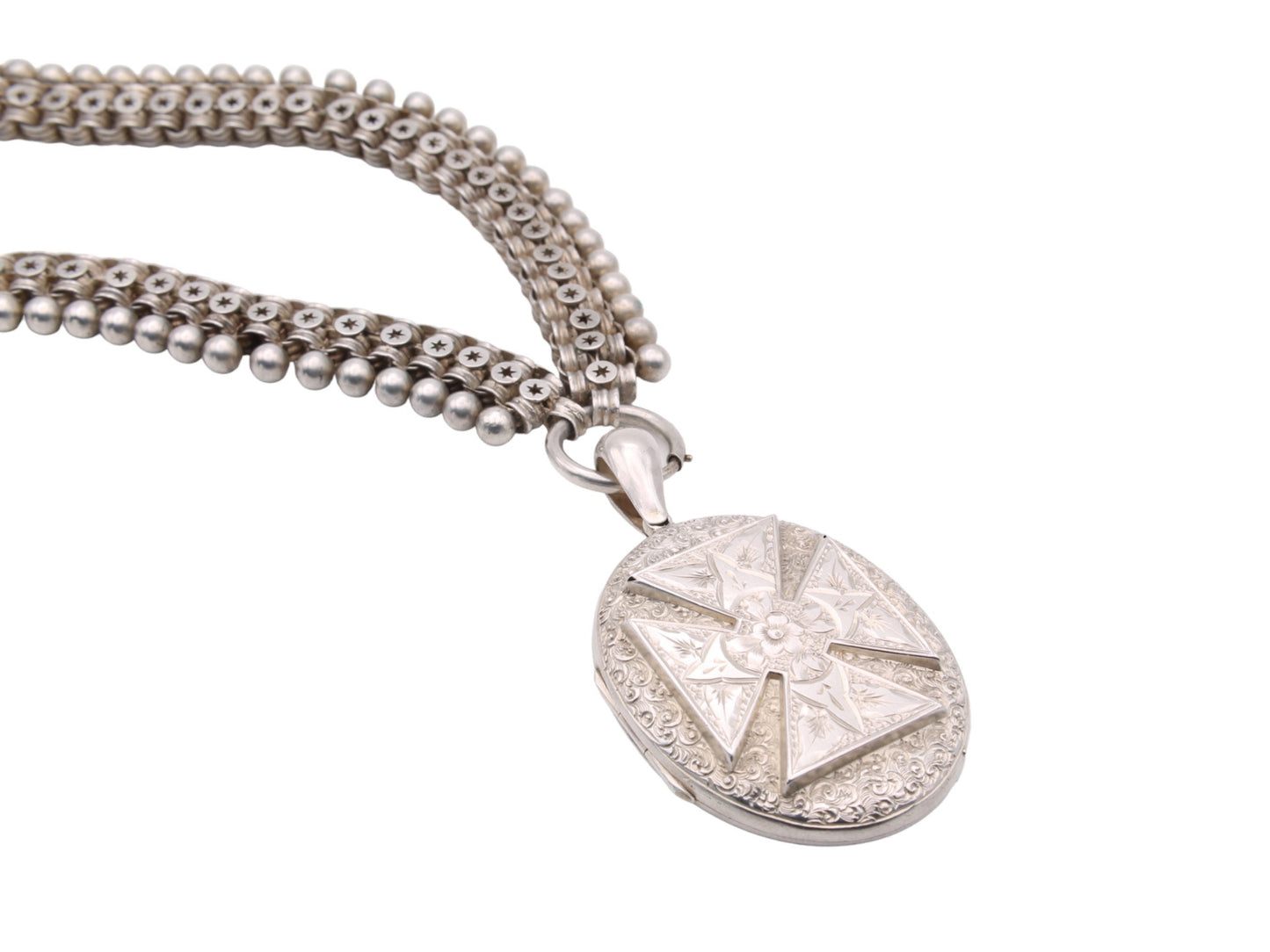 Victorian Sterling Silver Book Chain Locket Necklace: Maltese Cross, Forget-Me-Not