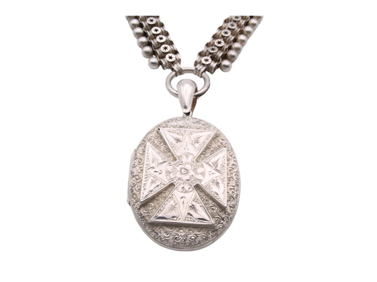 Victorian Sterling Silver Book Chain Locket Necklace: Maltese Cross, Forget-Me-Not