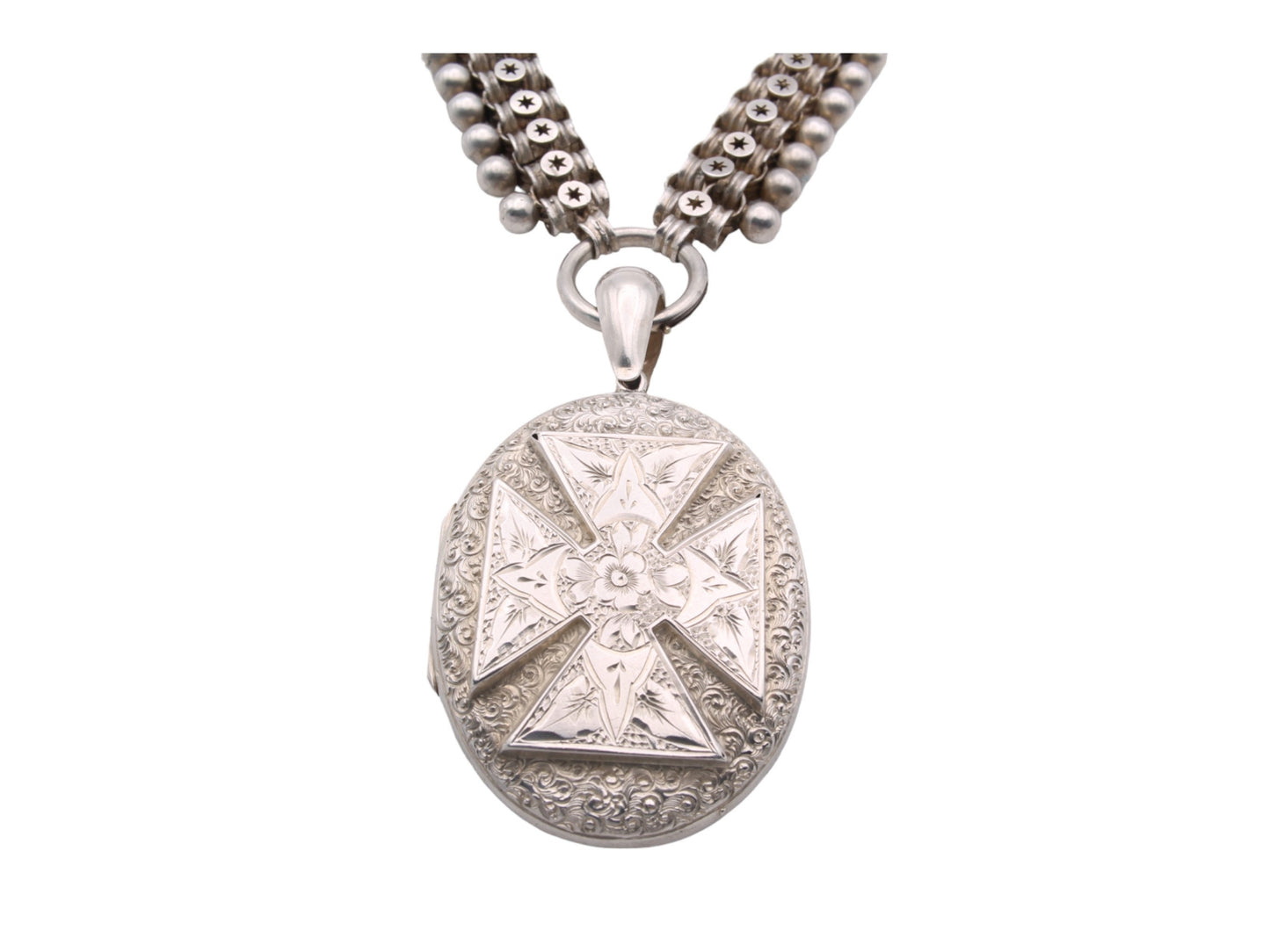 Victorian Sterling Silver Book Chain Locket Necklace: Maltese Cross, Forget-Me-Not