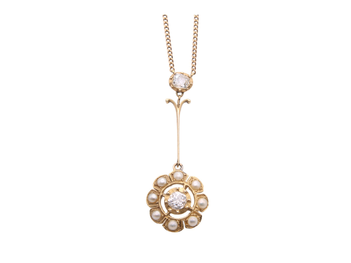 Antique 15ct Gold Diamond Pearl Cluster Necklace Pendant, .5ctw