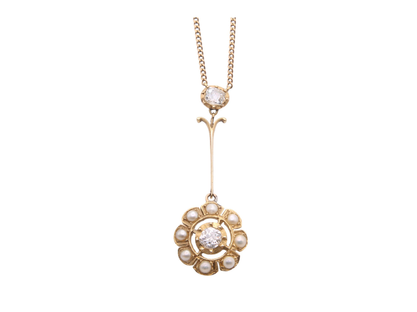 Antique 15ct Gold Diamond Pearl Cluster Necklace Pendant, .5ctw
