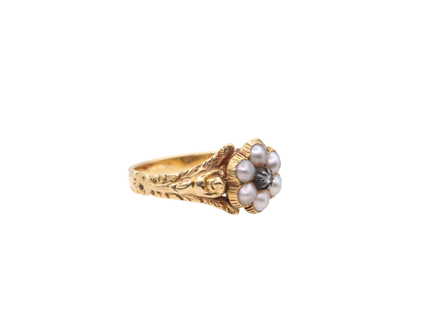 Antique Victorian 18ct Gold Diamond Pearl Flower Ring