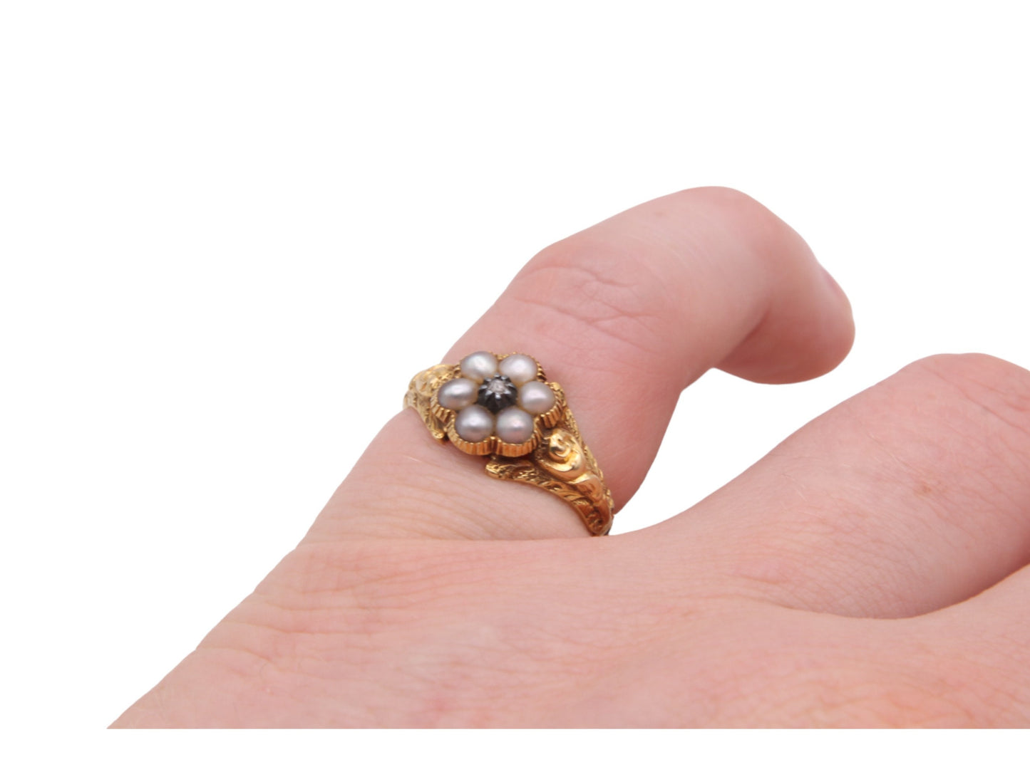 Antique Victorian 18ct Gold Diamond Pearl Flower Ring