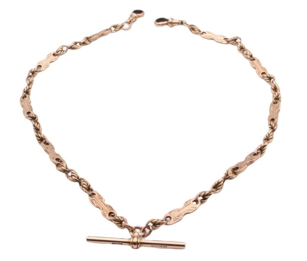 Antique 9ct Rose Gold Fancy Link Watch Chain Necklace - 16.5"