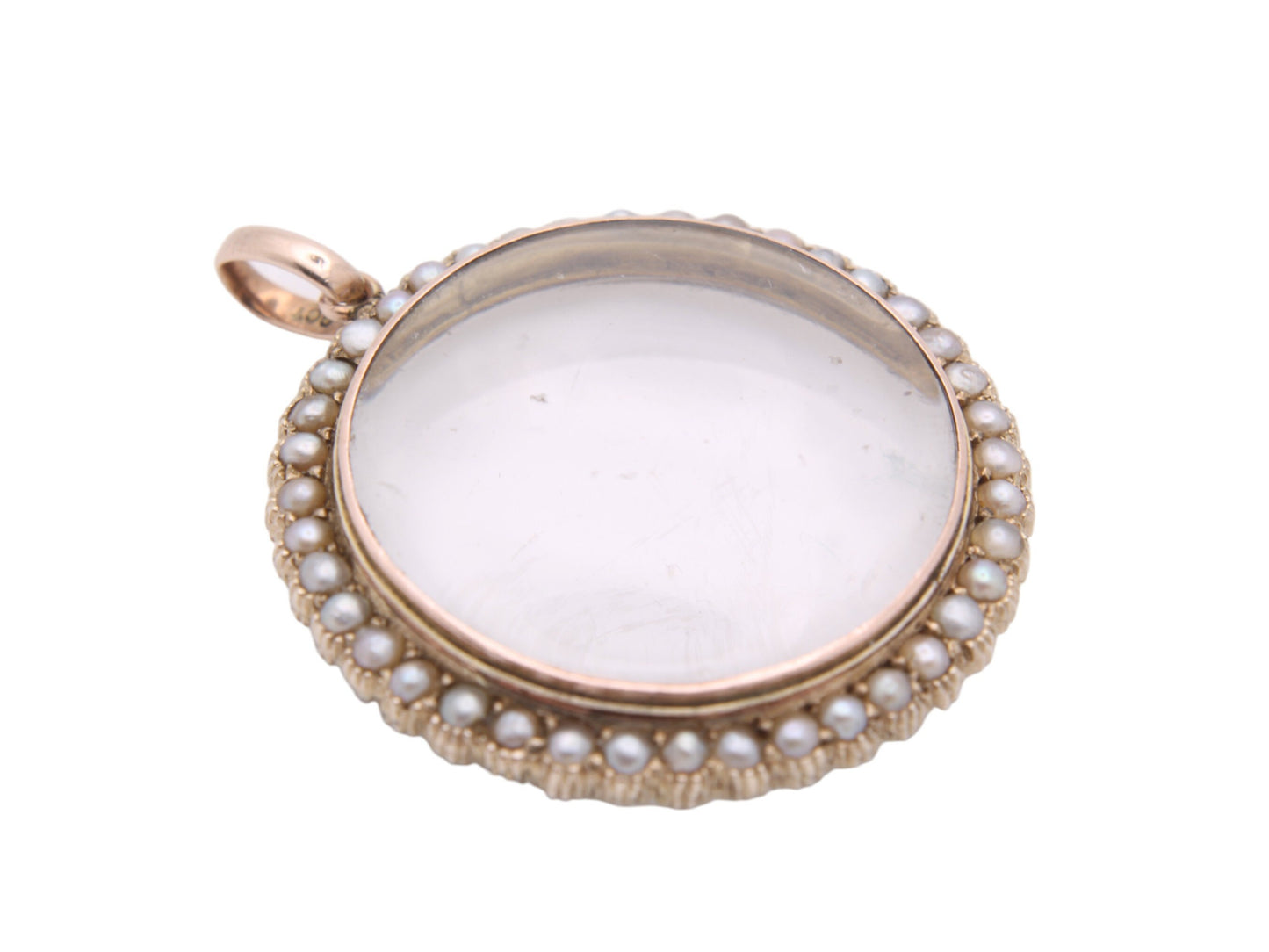 Antique 9ct Gold Seed Pearl Glass Photo Locket Pendant