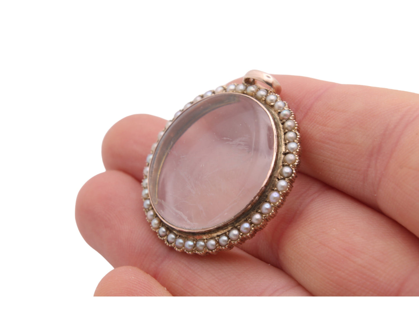 Antique 9ct Gold Seed Pearl Glass Photo Locket Pendant