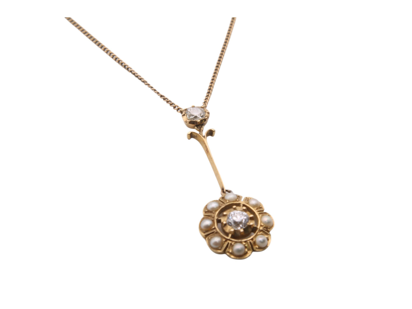 Antique 15ct Gold Diamond Pearl Cluster Necklace Pendant, .5ctw