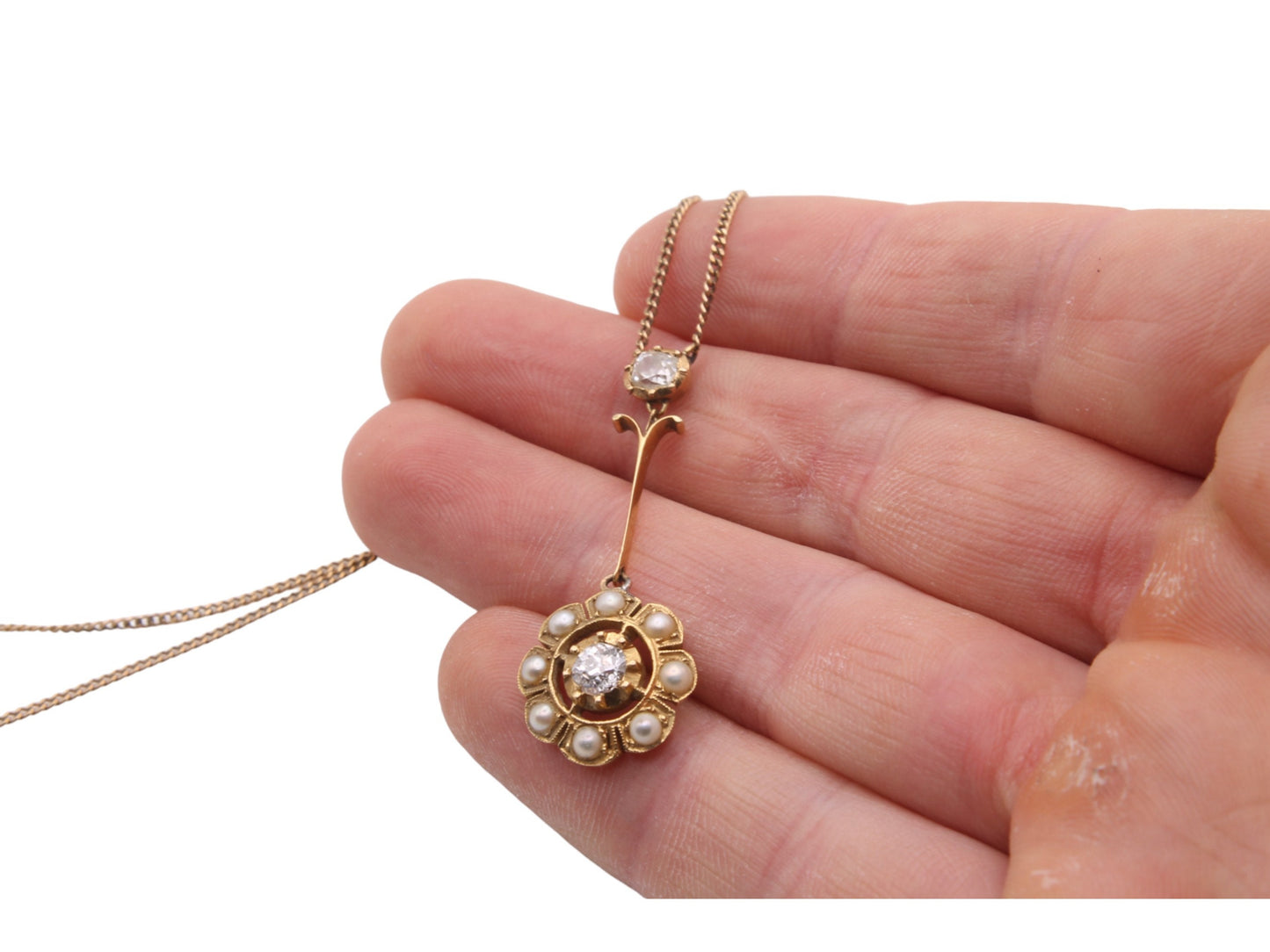 Antique-15ct-Gold-Diamond-Pearl-Cluster-Necklace-Pendant,-.5ctw