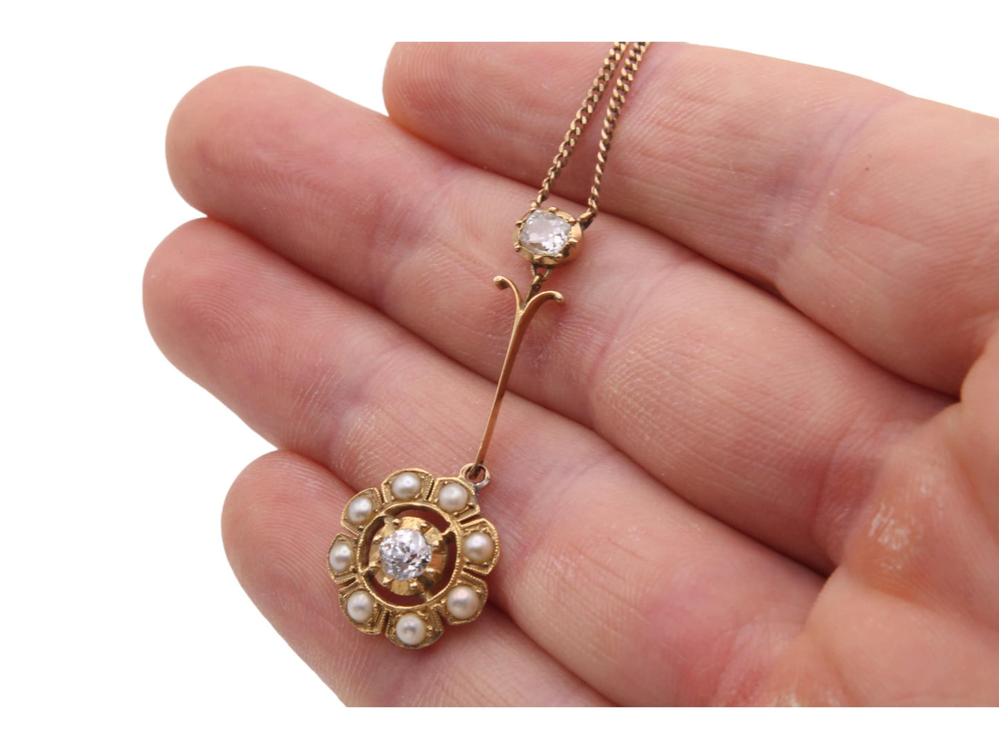 Antique 15ct Gold Diamond Pearl Cluster Necklace Pendant, .5ctw