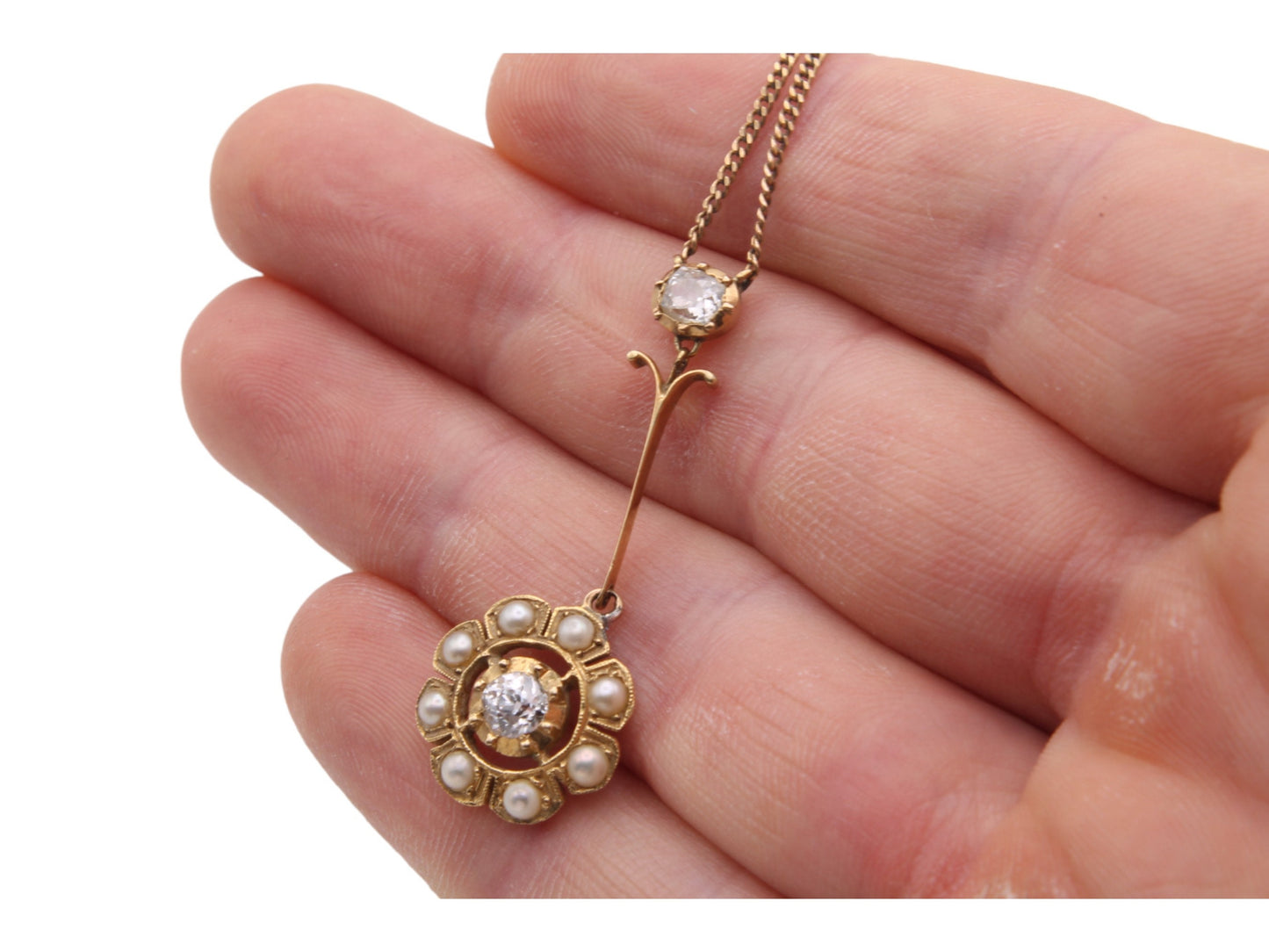 Antique 15ct Gold Diamond Pearl Cluster Necklace Pendant, .5ctw