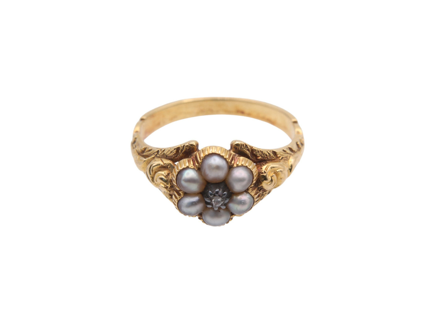 Antique Victorian 18ct Gold Diamond Pearl Flower Ring