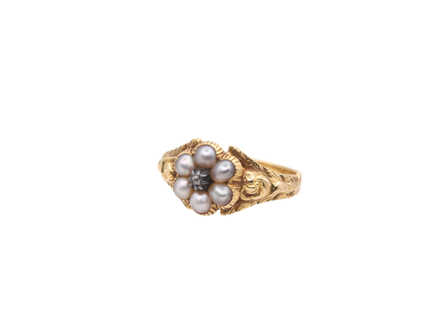 Antique Victorian 18ct Gold Diamond Pearl Flower Ring