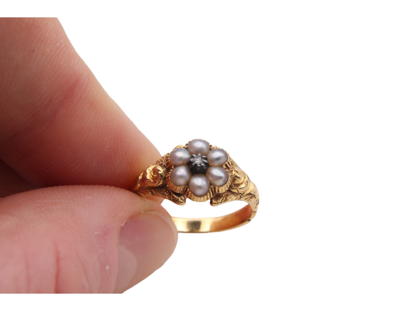 Antique Victorian 18ct Gold Diamond Pearl Flower Ring