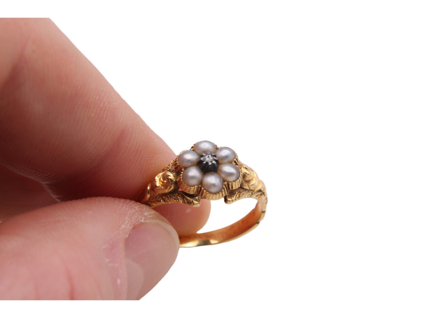 Antique Victorian 18ct Gold Diamond Pearl Flower Ring